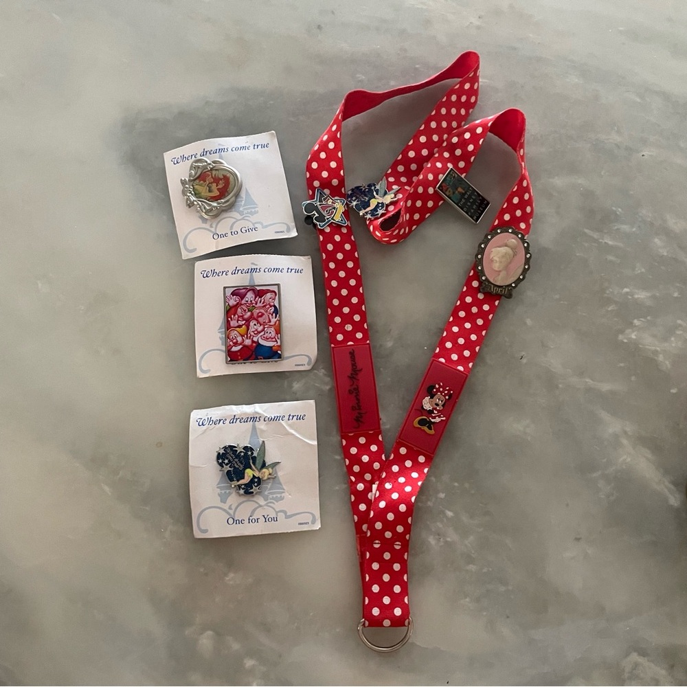 Disney Minnie Mouse Red Polka Dot Lanyard & Character Pin Set Bundle